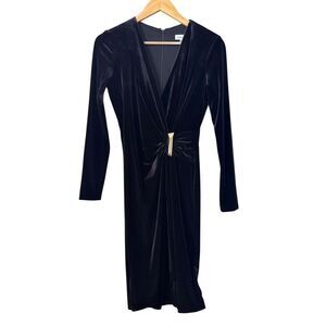 Calvin Klein Faux-Wrap Long-Sleeve Velvet Sheath Dress black size 4 new